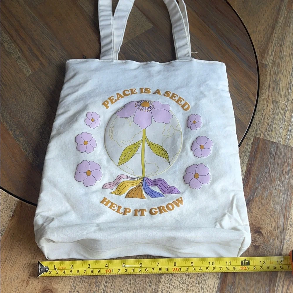 Peace Is A Seed Help It Grow Floral Tote Bag White Purple Girls Kids